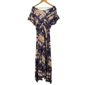 Abel The Label Floral Patchwork Midi Dress Navy Blue Tan V-Neck Small